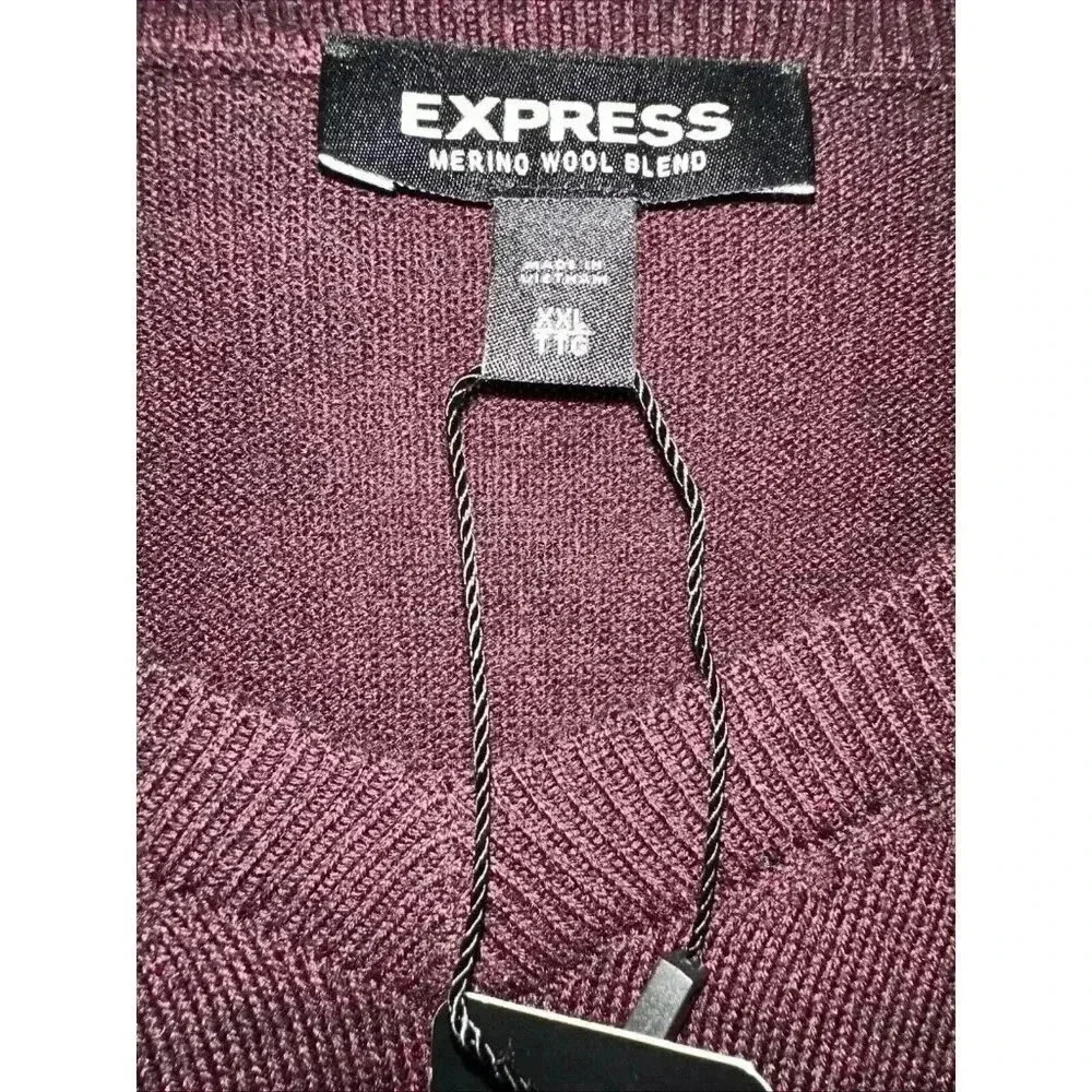 NEW Express Mens Sz XXL Merino Wool Blend V Neck Sweater Maroon Burgundy Classic